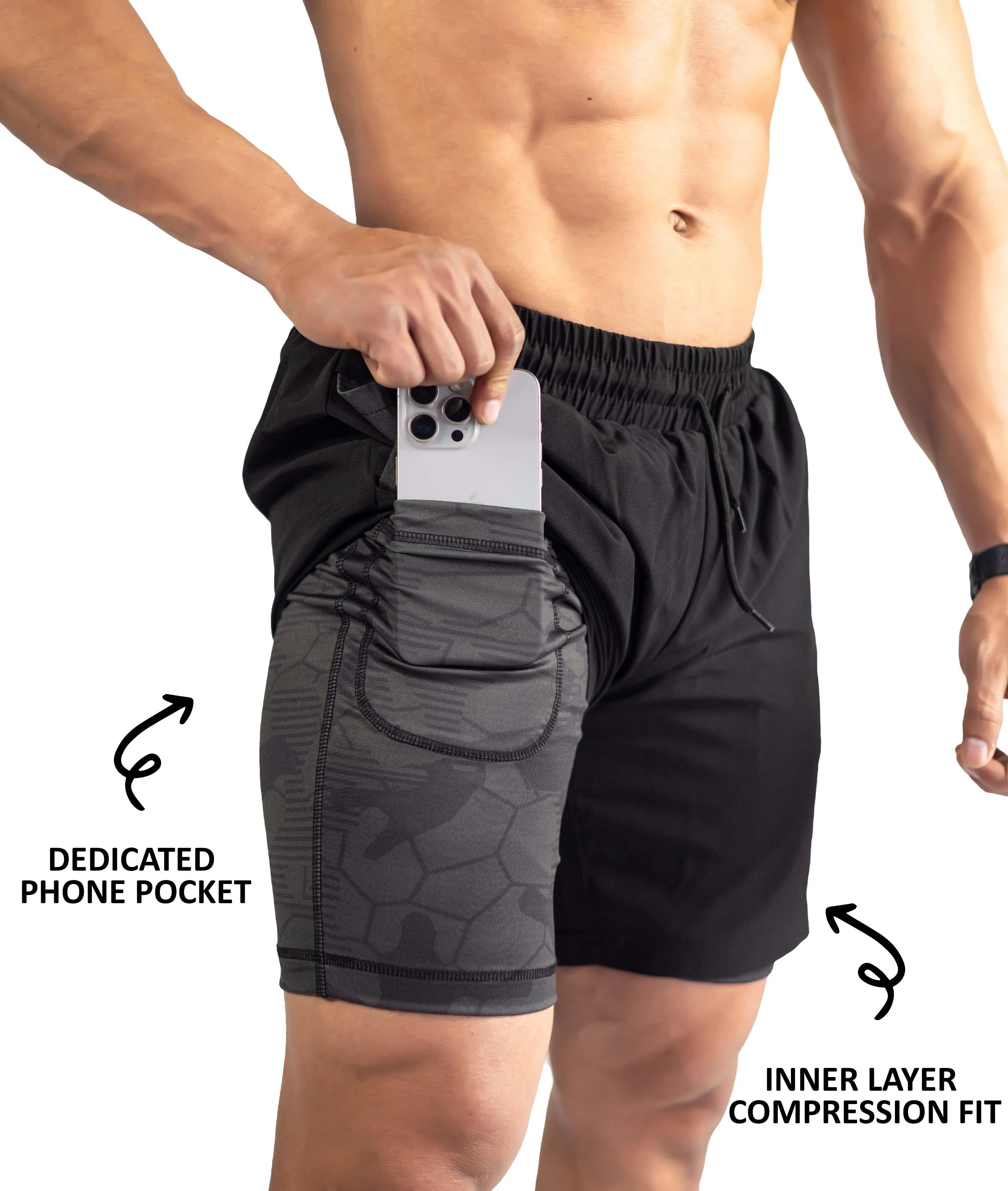 2-in-1 Compression Shorts with phone pocket: Black Camo