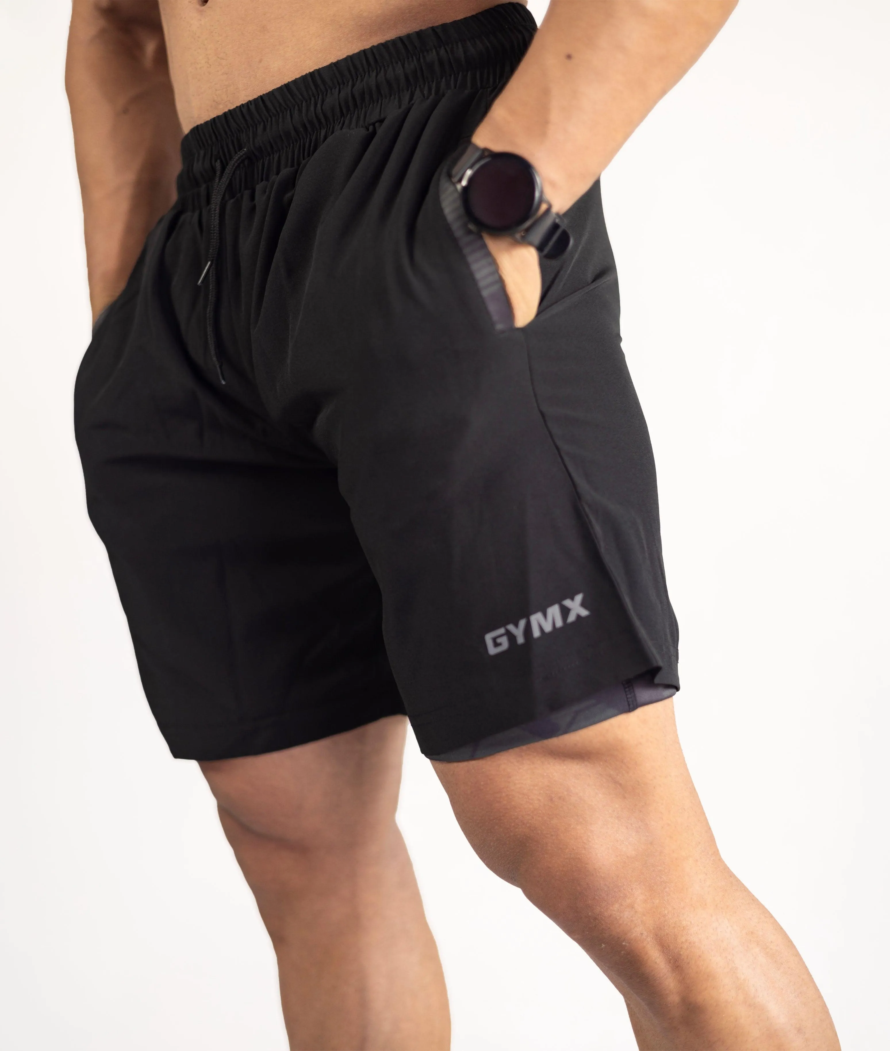 2-in-1 Compression Shorts with phone pocket: Black Camo