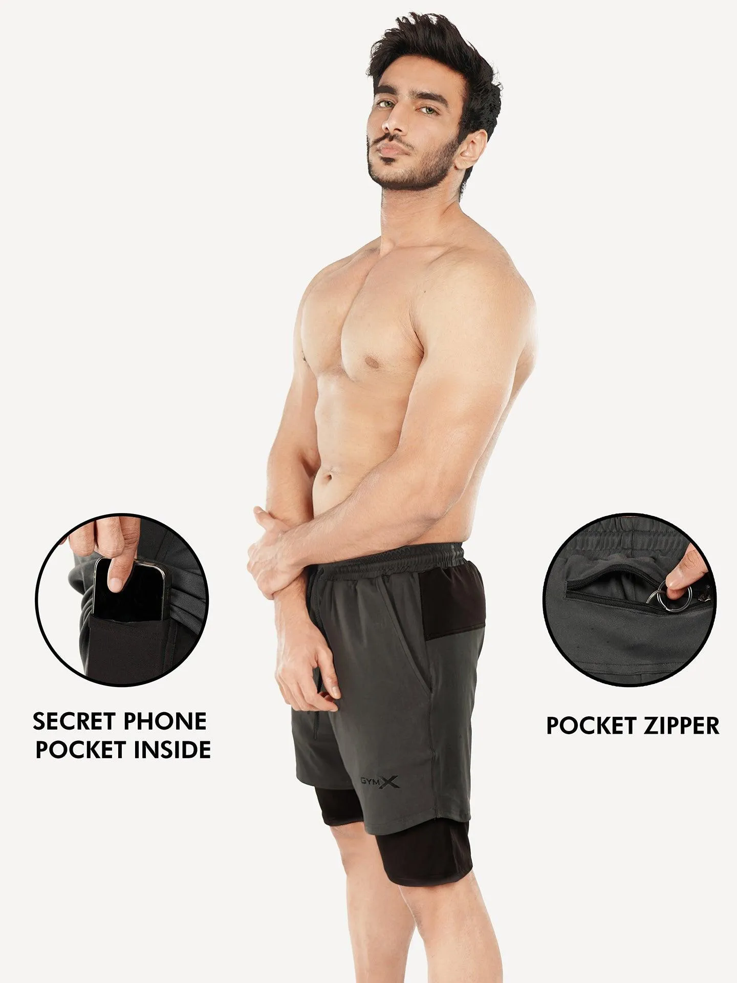 2-in-1 Shorts with phone pocket: Charcoal Grey