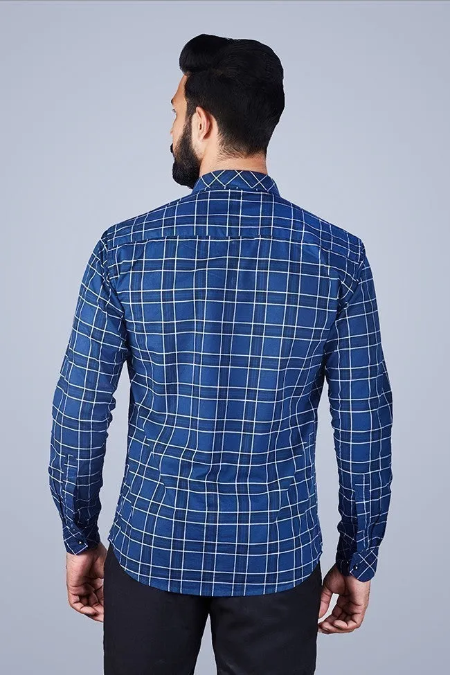 Blue Check Shirt - Men Regular Fit Checked Spread Shirt Blue