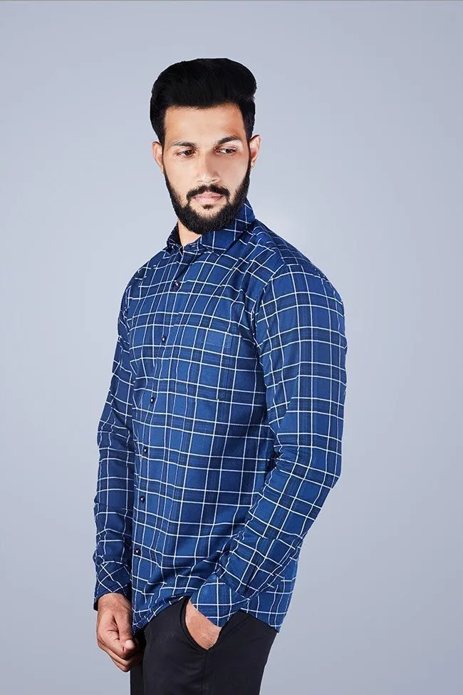 Blue Check Shirt - Men Regular Fit Checked Spread Shirt Blue