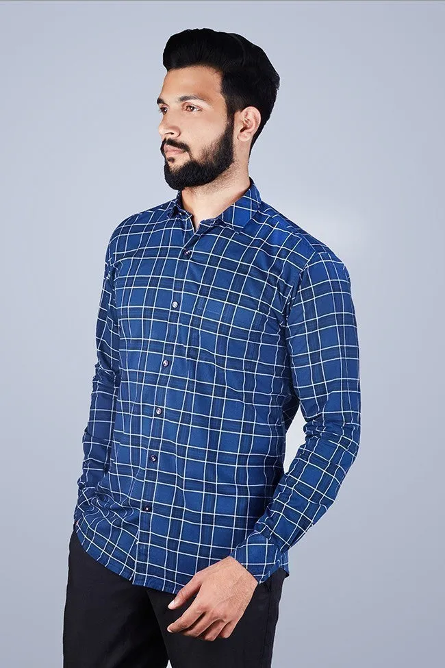 Blue Check Shirt - Men Regular Fit Checked Spread Shirt Blue