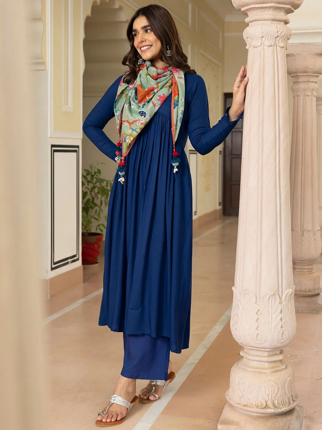 Blue Rayon Solid Kurta with Palazzo and Scarf