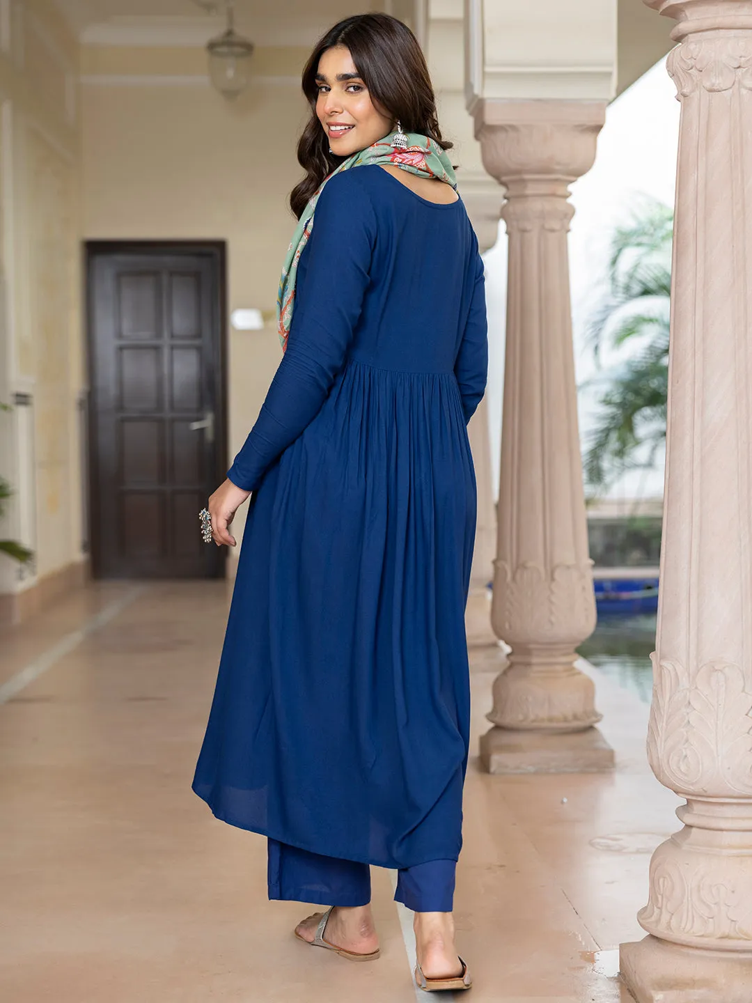 Blue Rayon Solid Kurta with Palazzo and Scarf