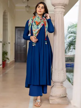 Blue Rayon Solid Kurta with Palazzo and Scarf