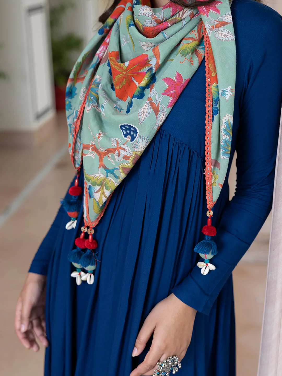 Blue Rayon Solid Kurta with Palazzo and Scarf