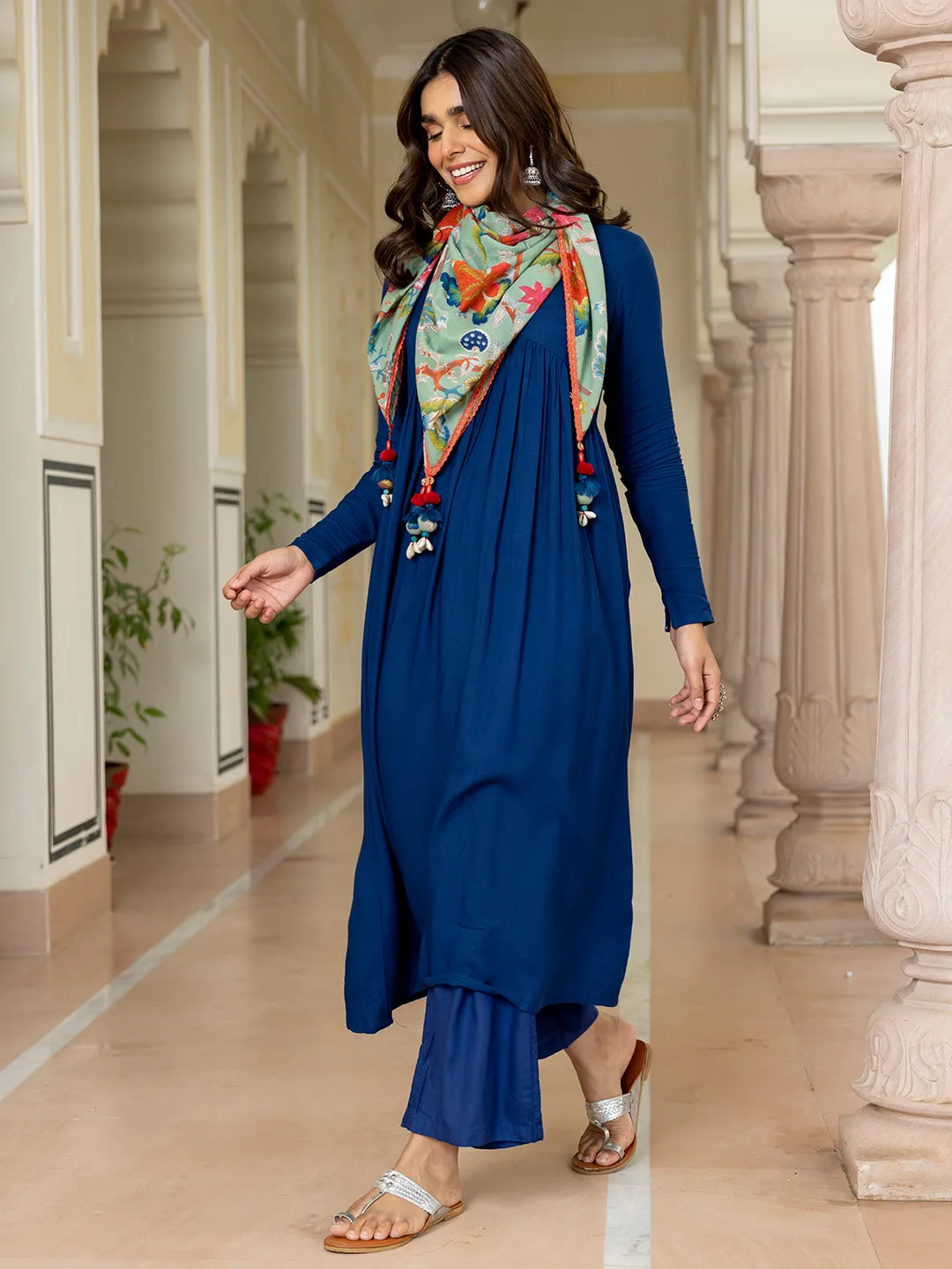 Blue Rayon Solid Kurta with Palazzo and Scarf