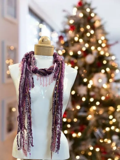 Boho Beaded Lightweight Scarf Necklace - Pink and Purple with Beads