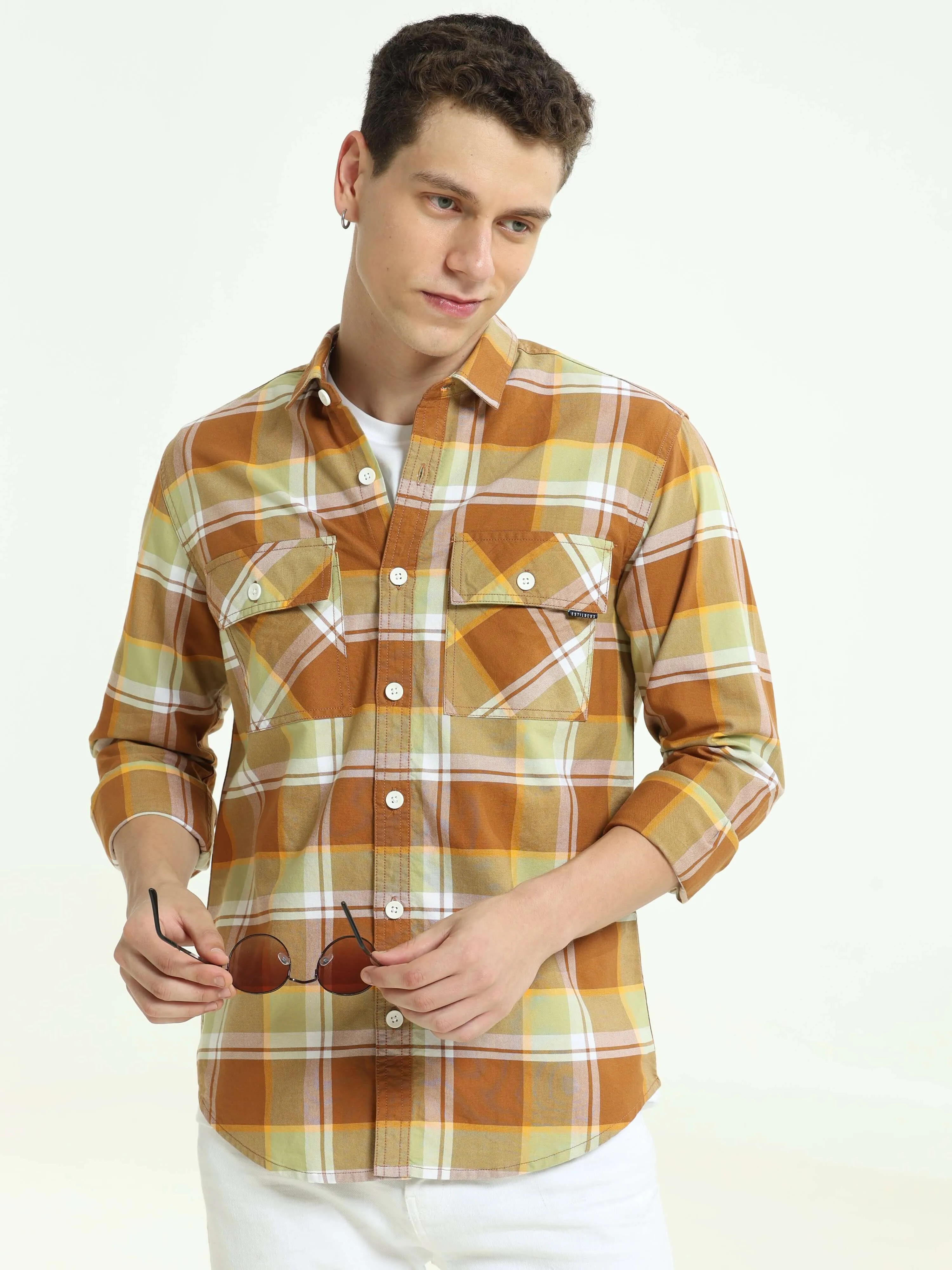 Brown off-sage casual check shirt