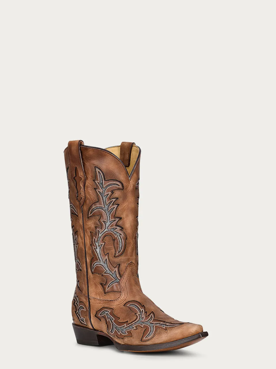 C3845 - MEN'S EMBROIDERY AND GREY INLAY TAN SNIP TOE COWBOY BOOT