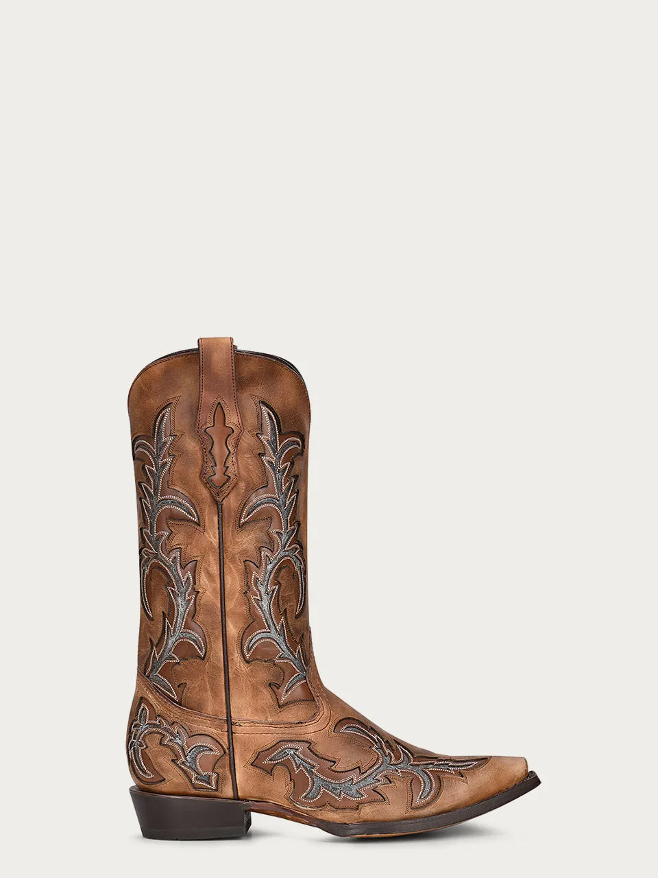 C3845 - MEN'S EMBROIDERY AND GREY INLAY TAN SNIP TOE COWBOY BOOT