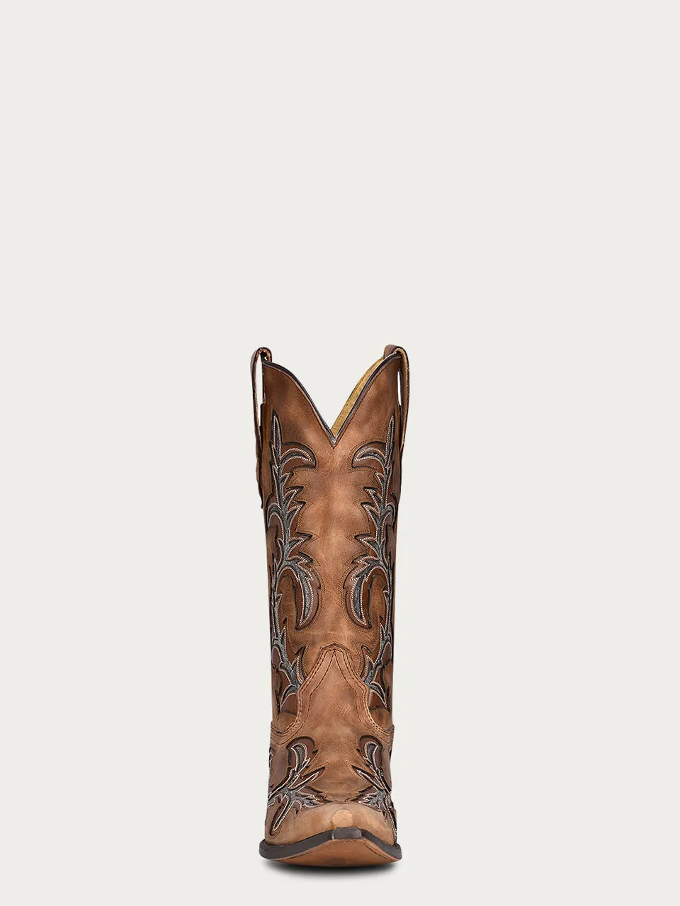 C3845 - MEN'S EMBROIDERY AND GREY INLAY TAN SNIP TOE COWBOY BOOT