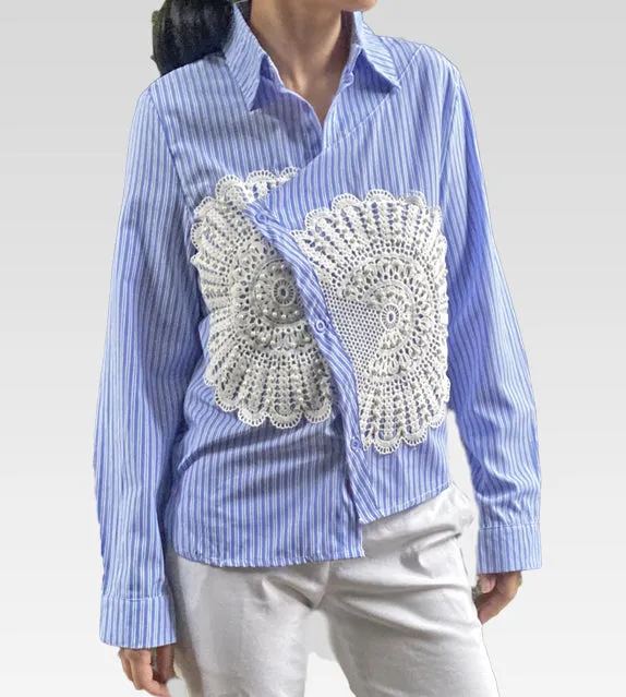 Chloe Pearl Lace Button Down Asymmetric Top