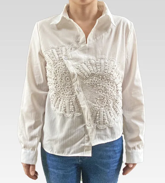 Chloe Pearl Lace Button Down Asymmetric Top