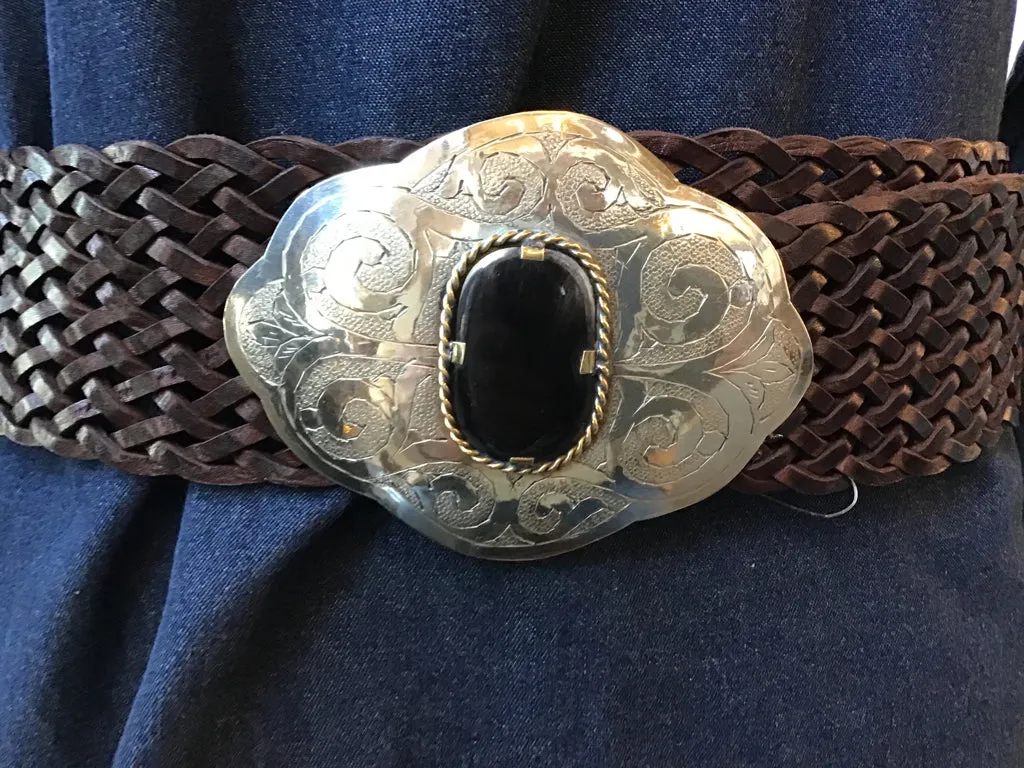 Chocolate Woven Leather Bone Buckle Belt