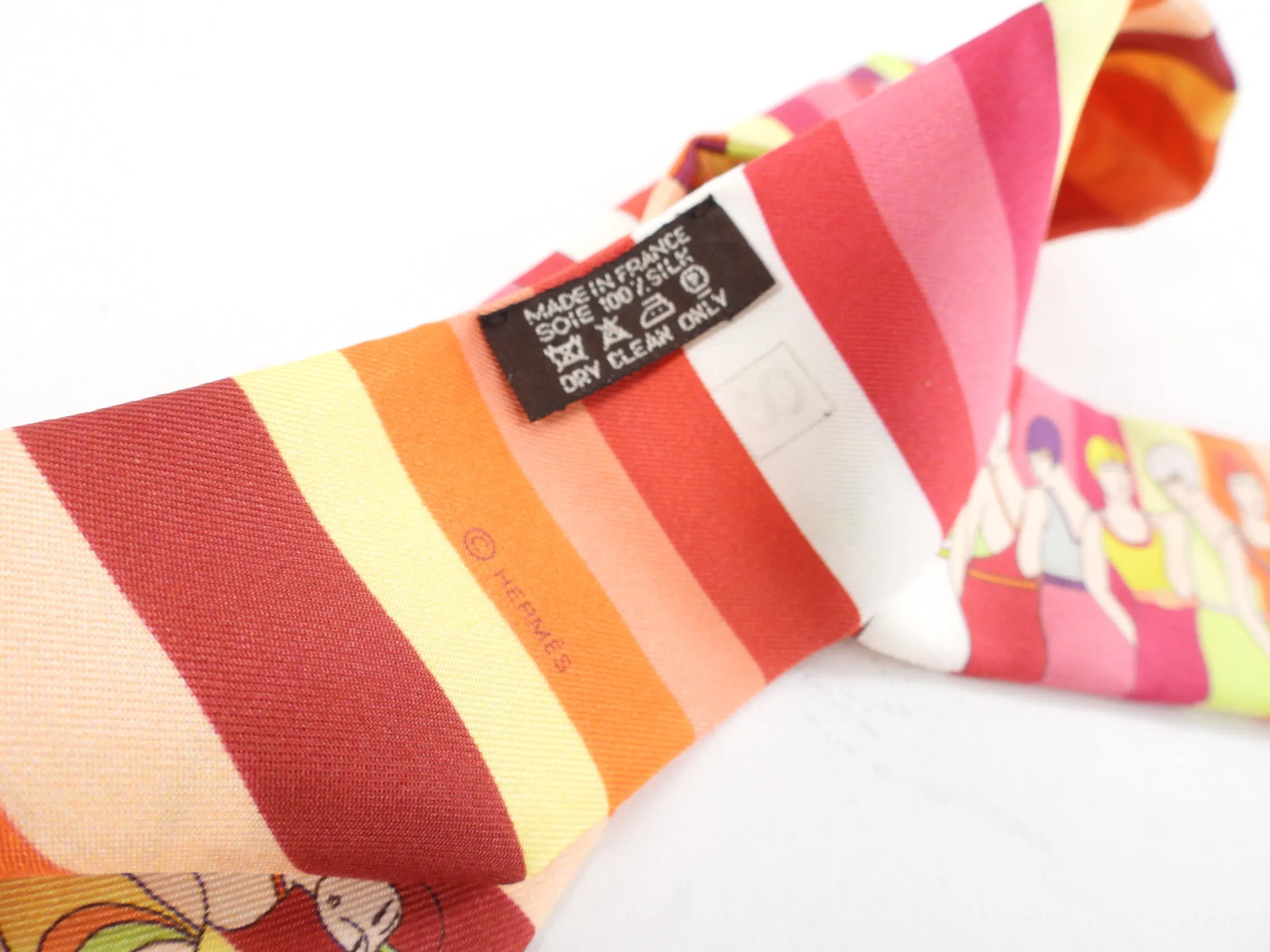 Hermes Art Deco Pink and Orange Bathers Twilly Scarf