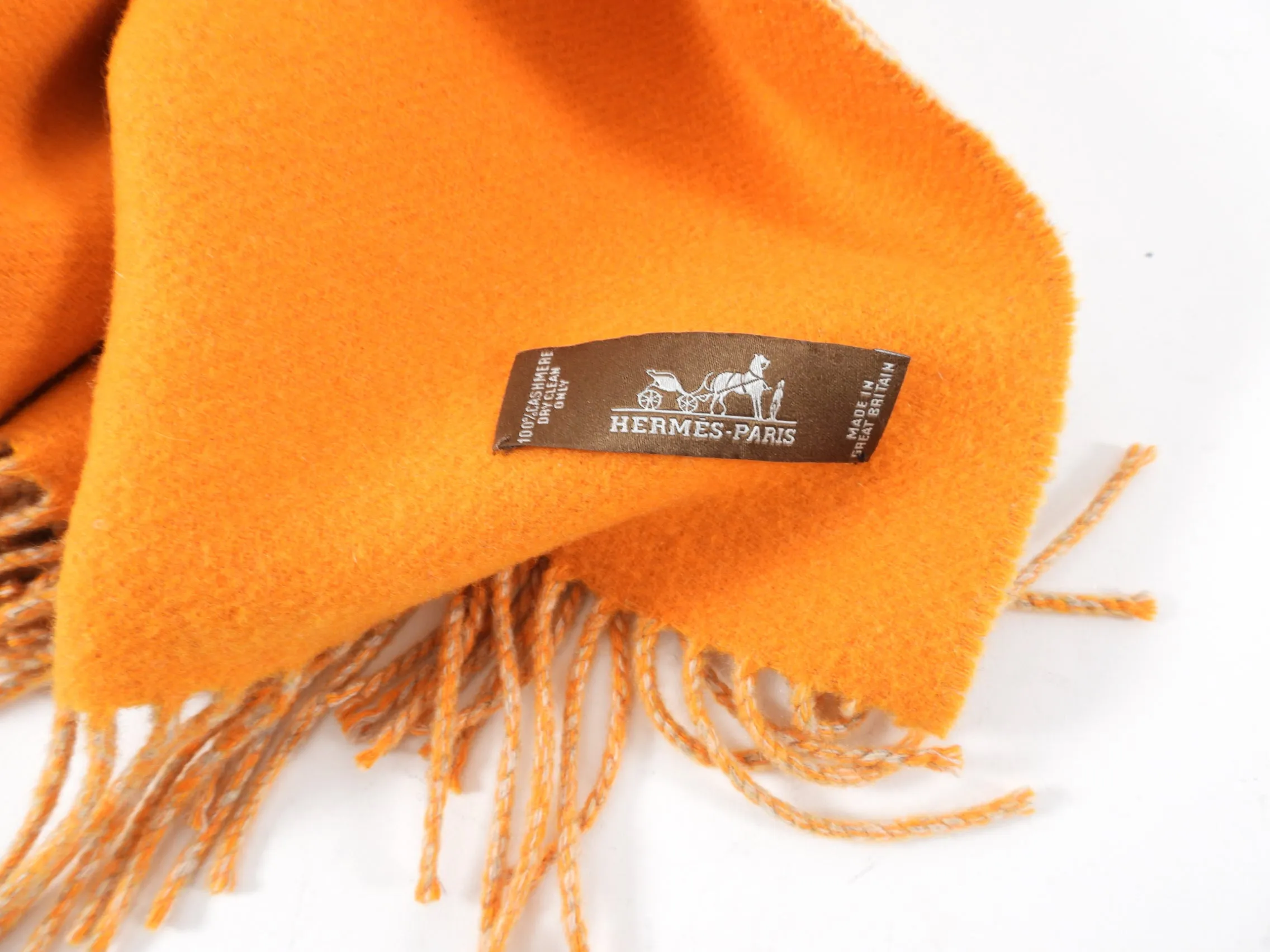 Hermes Orange and Tan Chevron Cashmere Casaque Diamant Fringed Stole Scarf