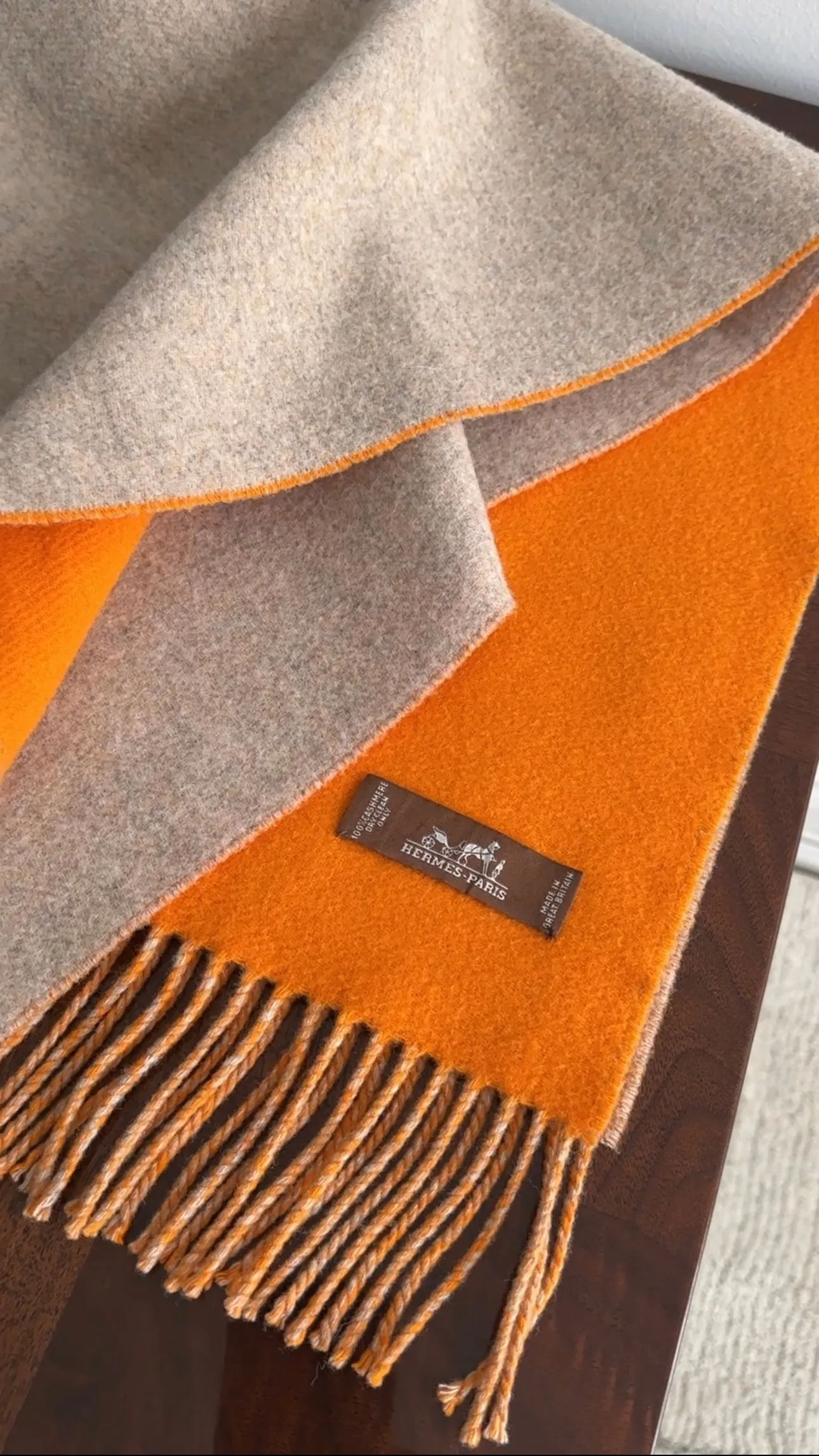 Hermes Orange and Tan Chevron Cashmere Casaque Diamant Fringed Stole Scarf