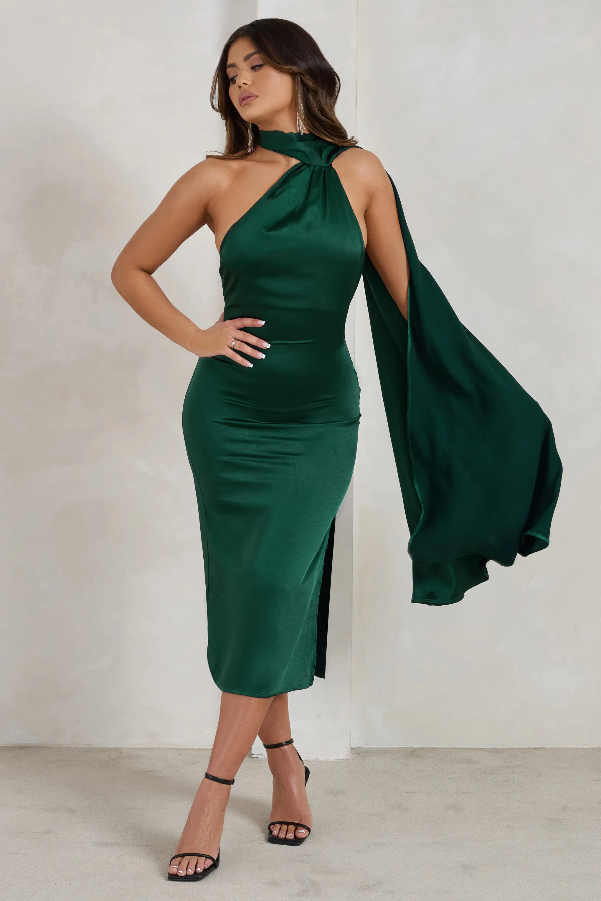 Madame | Bottle Green Satin Asymmetric Scarf Neck Backless Midi Dress