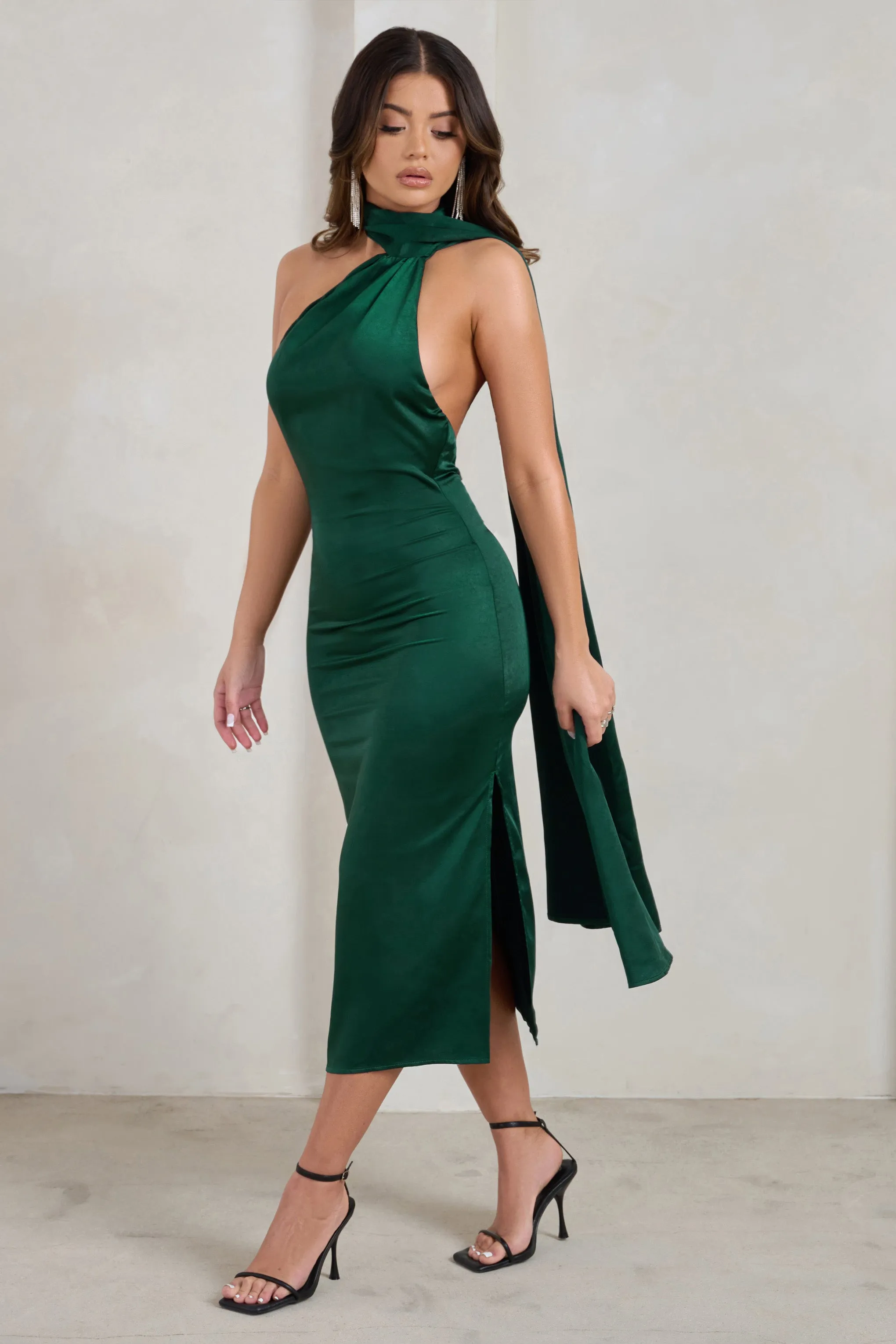 Madame | Bottle Green Satin Asymmetric Scarf Neck Backless Midi Dress