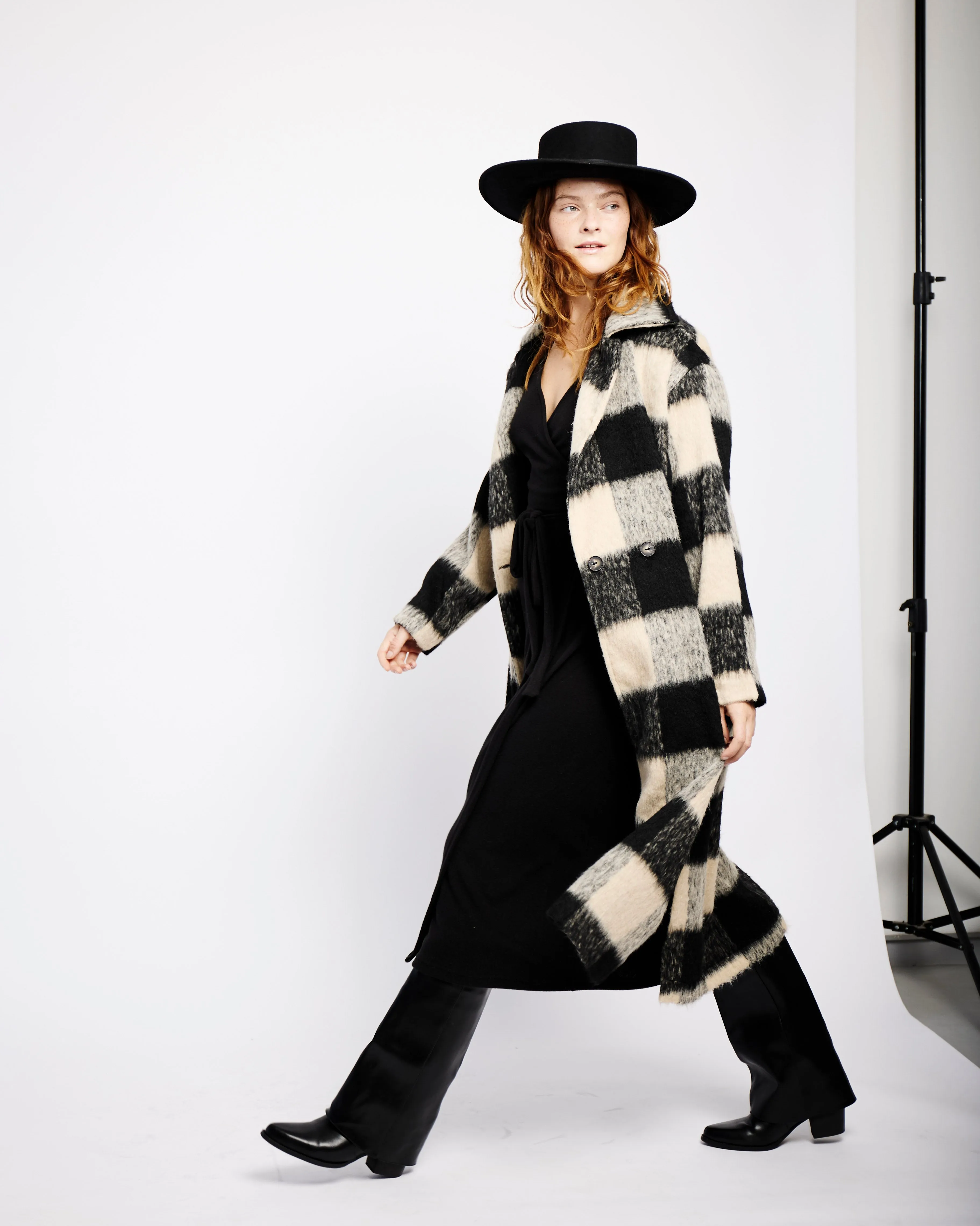 Mohair Melton Coat in Natural Check