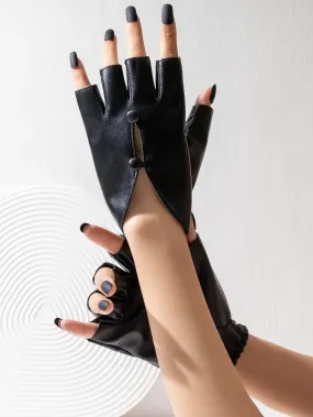 PU Leather Button Fingerless Gloves