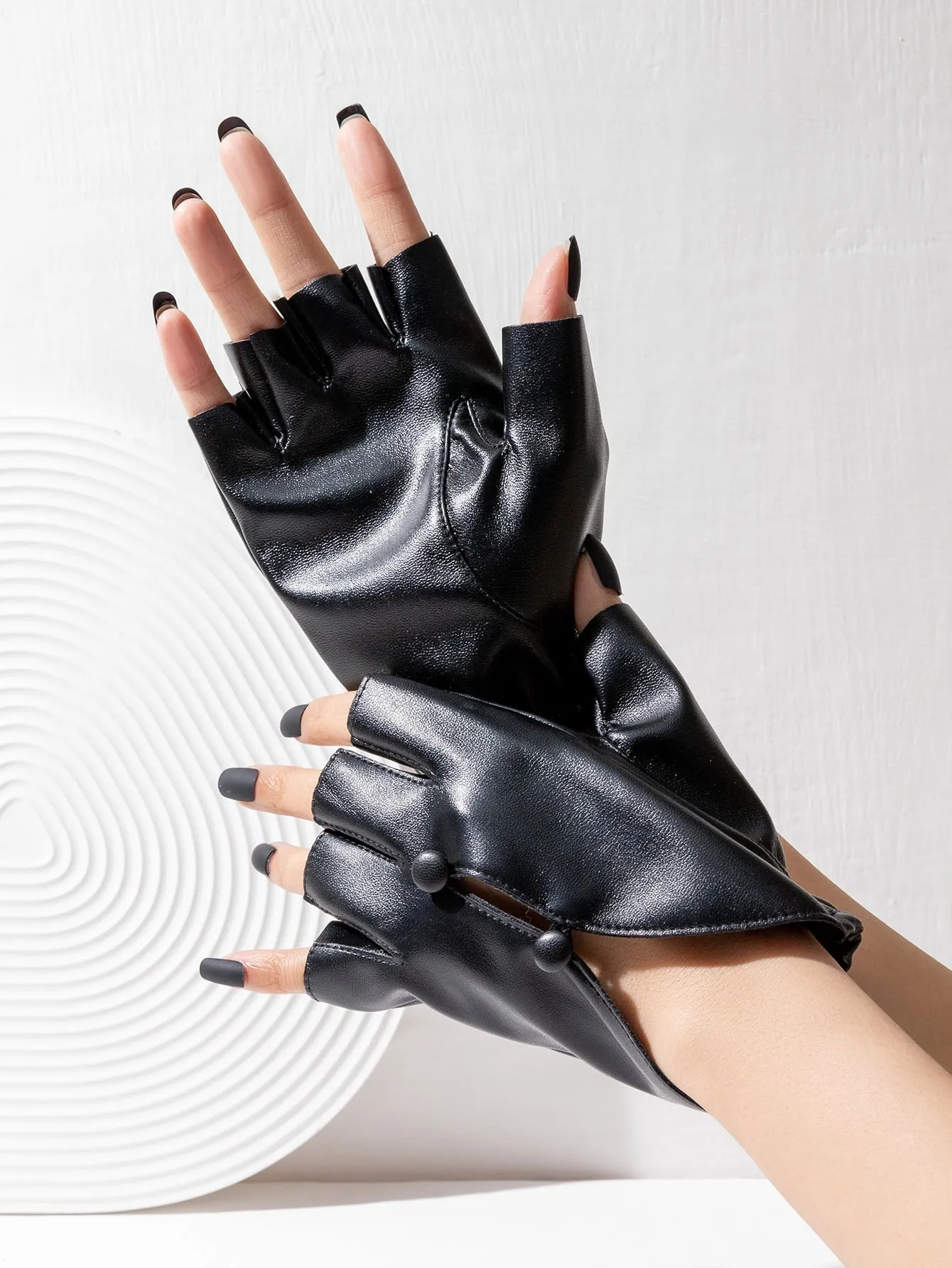 PU Leather Button Fingerless Gloves