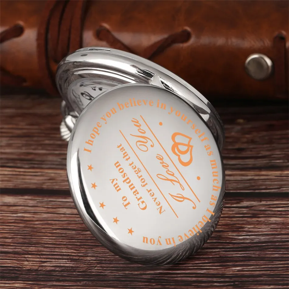 "To My Grandson I Love You" Golden Case White Dial Quartz Necklace Chain Pendant Pocket Watch