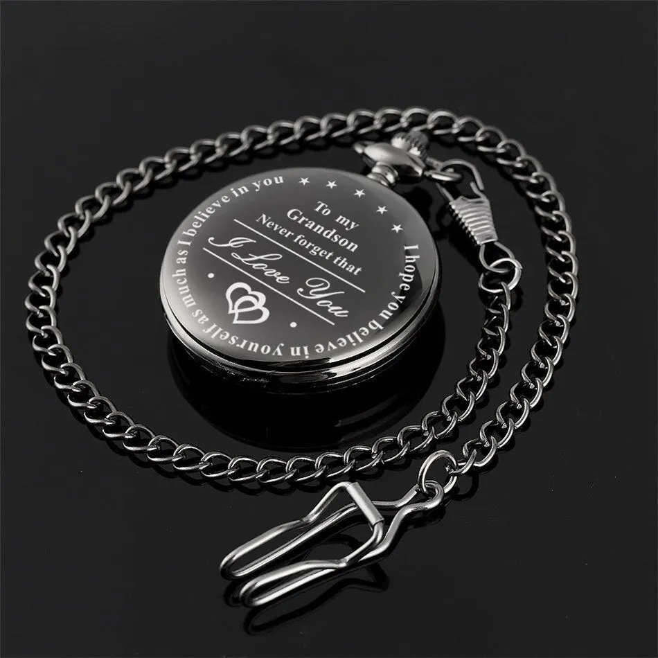 "To My Grandson I Love You" Golden Case White Dial Quartz Necklace Chain Pendant Pocket Watch