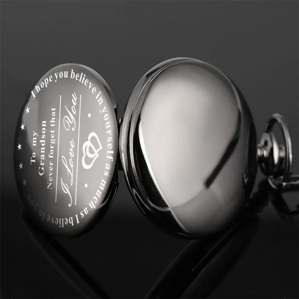 "To My Grandson I Love You" Golden Case White Dial Quartz Necklace Chain Pendant Pocket Watch