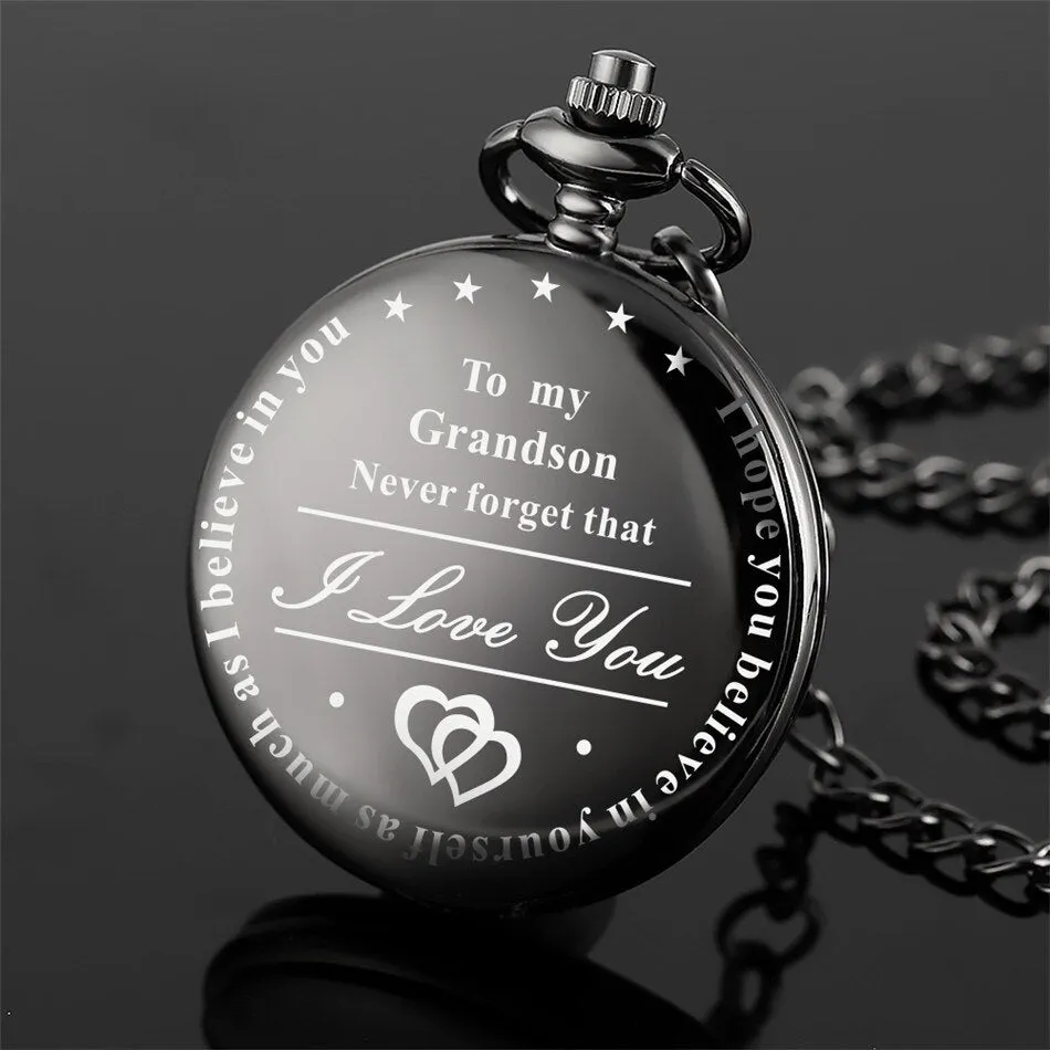 "To My Grandson I Love You" Golden Case White Dial Quartz Necklace Chain Pendant Pocket Watch