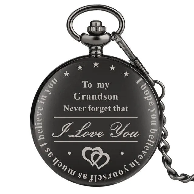 "To My Grandson I Love You" Golden Case White Dial Quartz Necklace Chain Pendant Pocket Watch