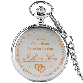 "To My Grandson I Love You" Golden Case White Dial Quartz Necklace Chain Pendant Pocket Watch