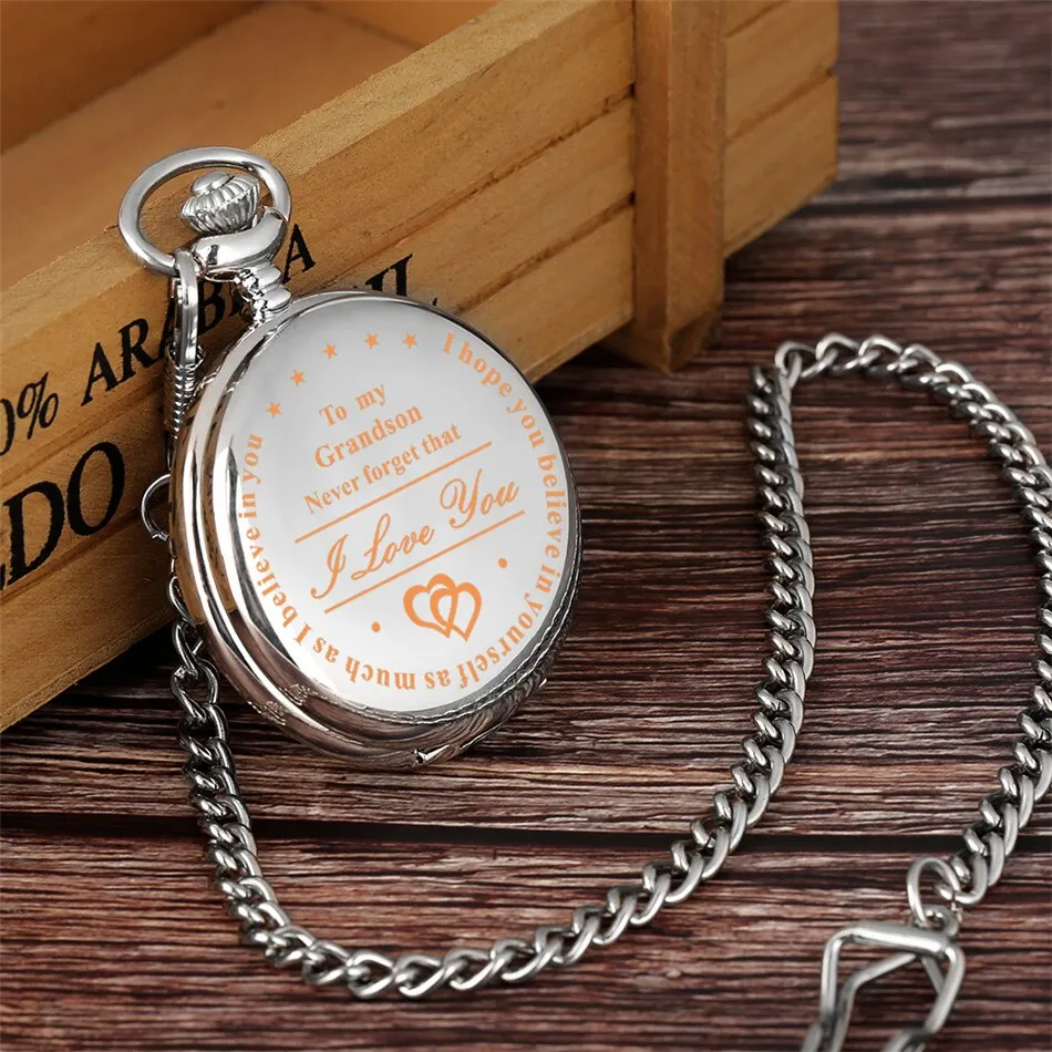 "To My Grandson I Love You" Golden Case White Dial Quartz Necklace Chain Pendant Pocket Watch