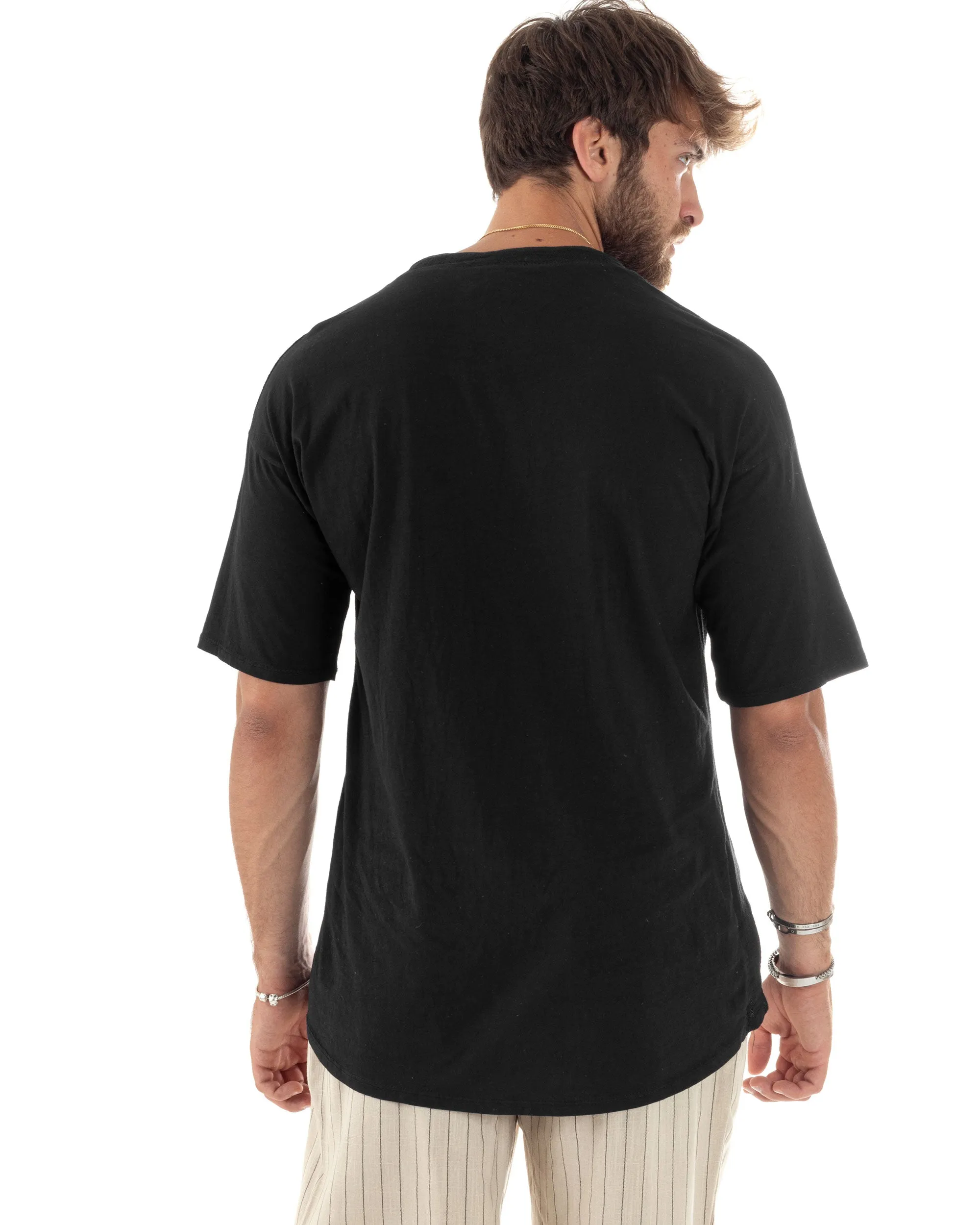 T-Shirt Uomo Cotone Regular Fit Collo Alla Coreana Con Laccio Scollo A V Casual Tinta Unita Nero GIOSAL-TS3065A