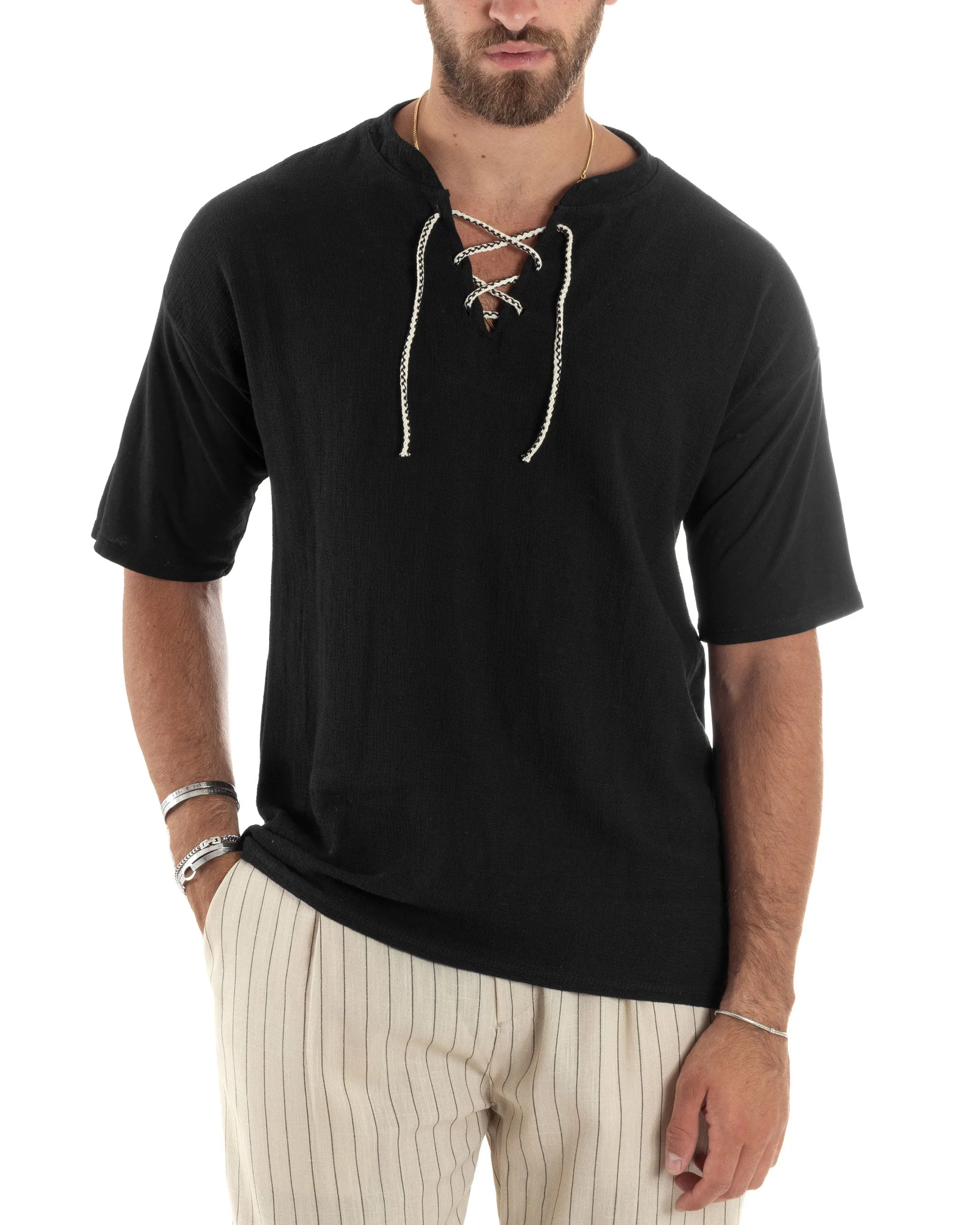 T-Shirt Uomo Cotone Regular Fit Collo Alla Coreana Con Laccio Scollo A V Casual Tinta Unita Nero GIOSAL-TS3065A