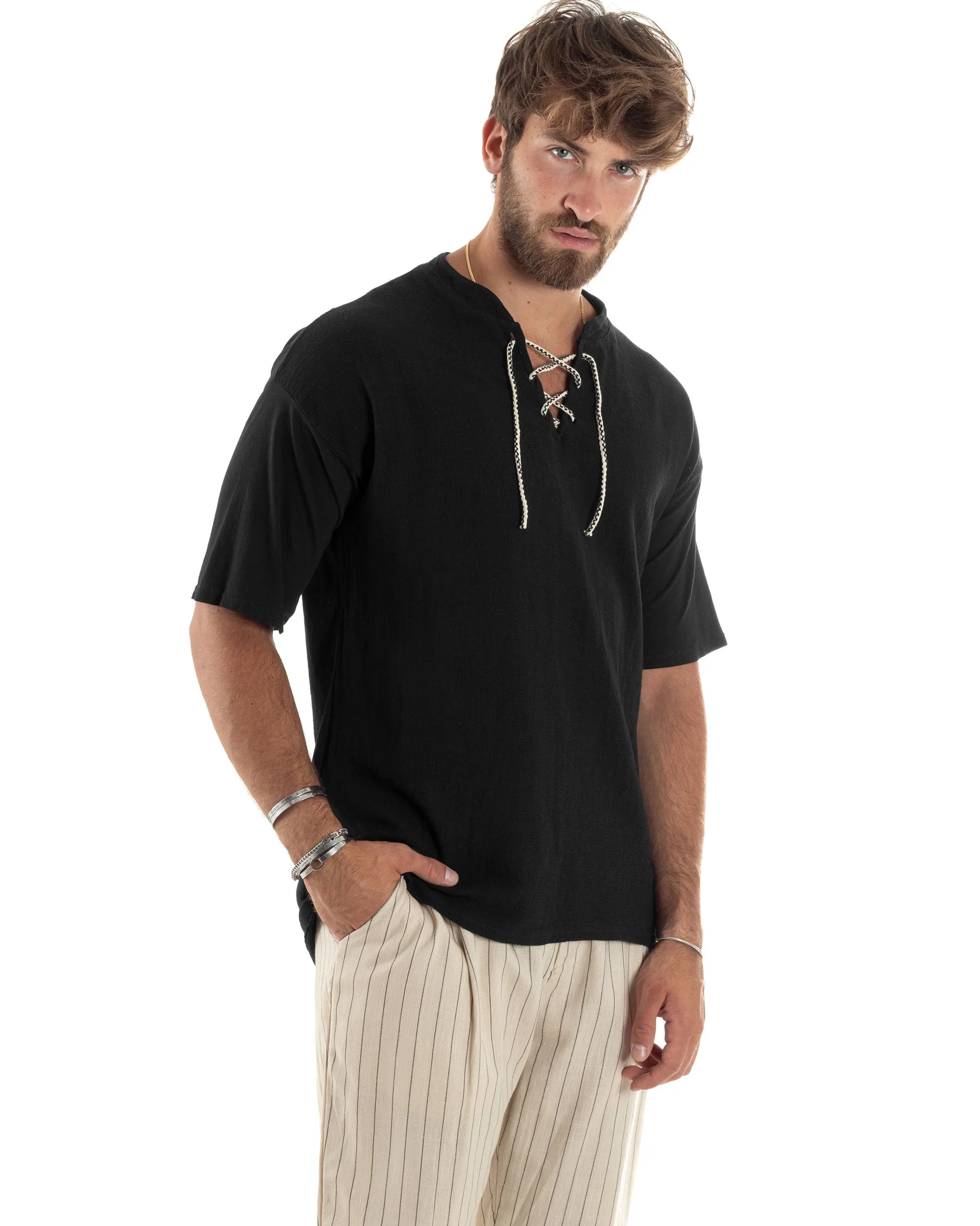 T-Shirt Uomo Cotone Regular Fit Collo Alla Coreana Con Laccio Scollo A V Casual Tinta Unita Nero GIOSAL-TS3065A