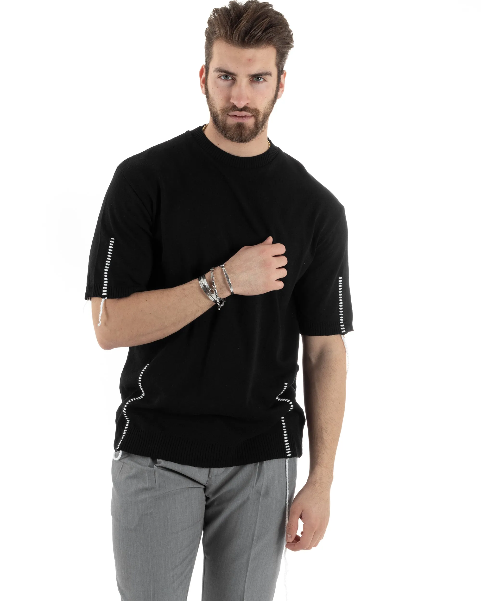 T-Shirt Uomo Girocollo Maglia In Filo Tinta Unita Nero GIOSAL-TS2991A