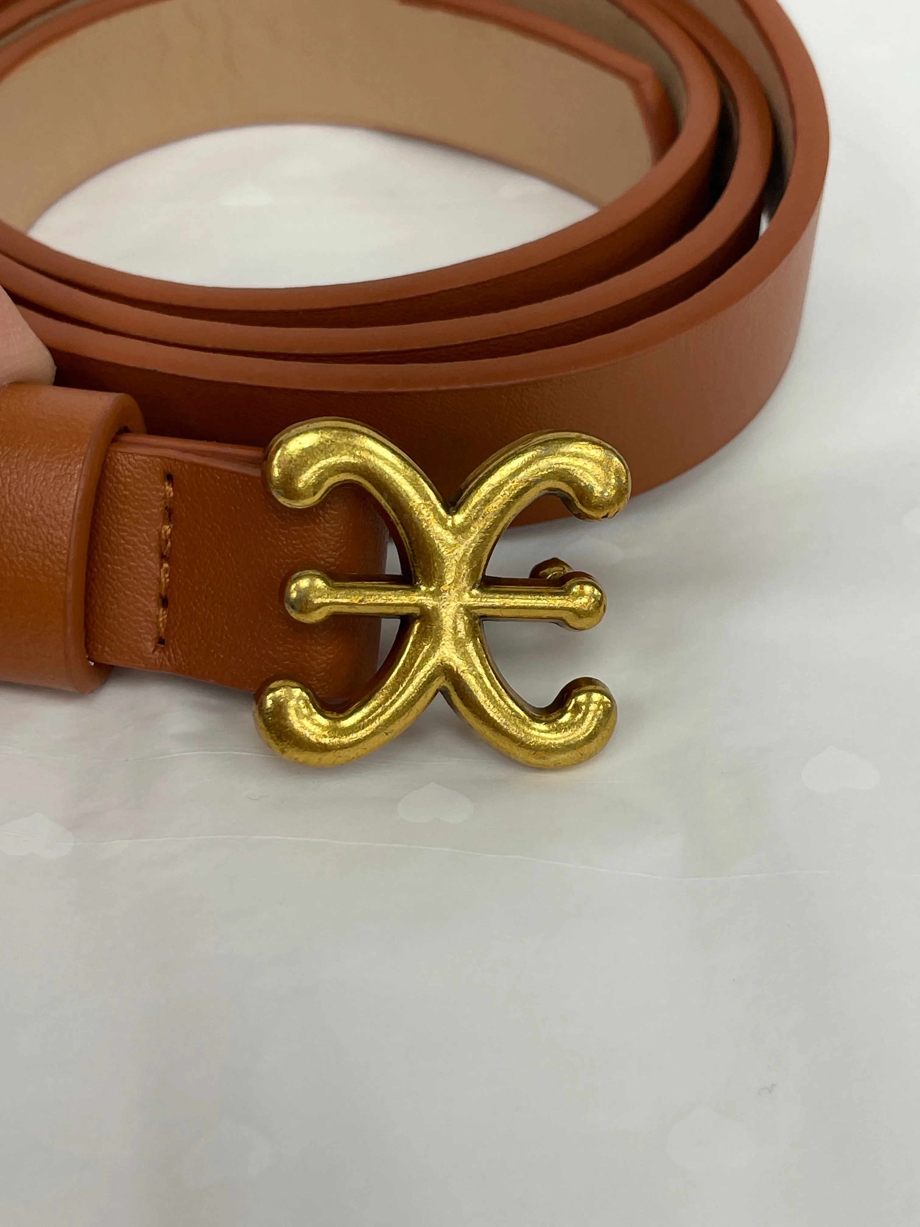 Tan Faux Leather Belt with gold buckle One Size